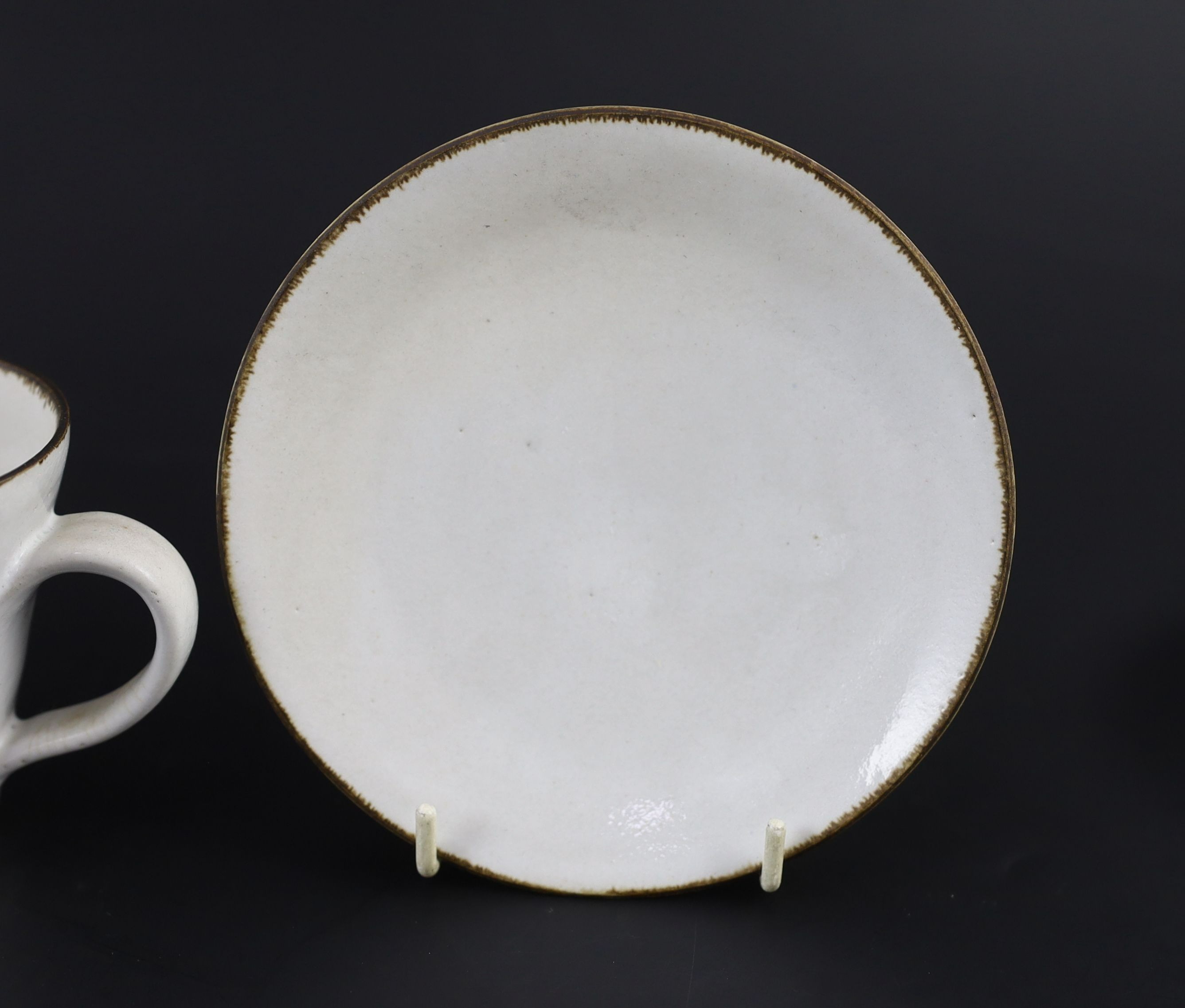 Dame Lucie Rie (1902-1995) a cup, saucer and side plate, c.1959, Cup 8 cm high